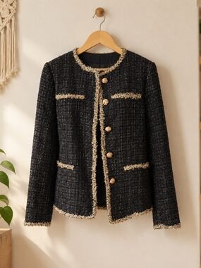 Classic Black Tweed Fringe Jacket with Gold Trim